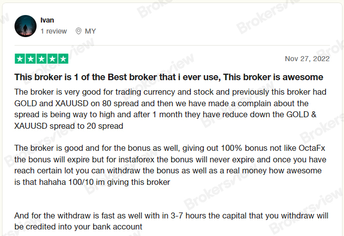 One user praised InstaForex in terms of bonuses and spreads.