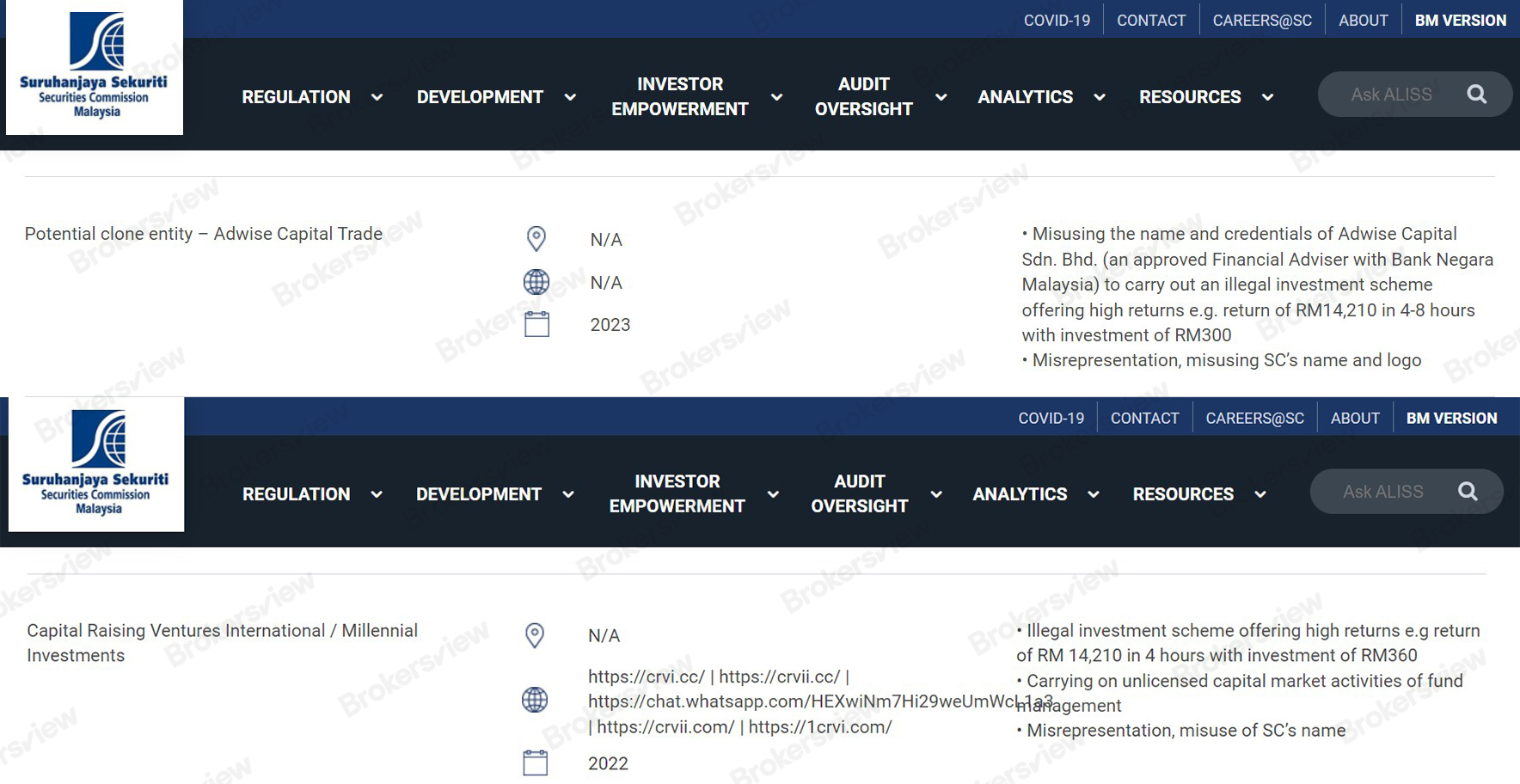 Securities Commission Malaysia warns the scammers.