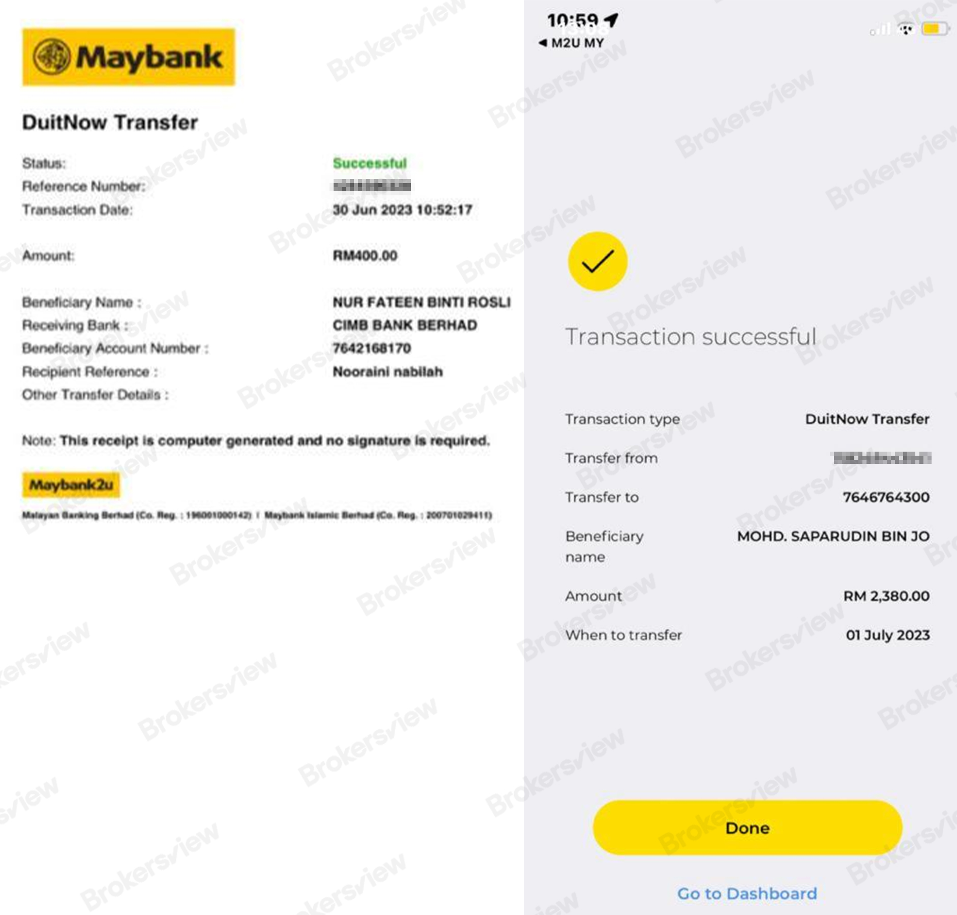 Screenshots of the victim transferring money to scammers,with a total loss of RM2,780.