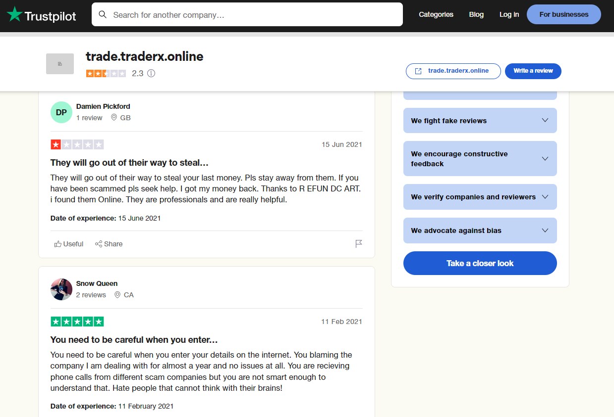 Trustpilot review of trader.online