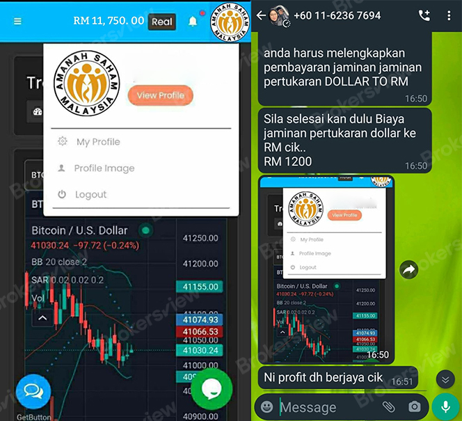 Balance, and scammer luring the victim to pay the deposit.