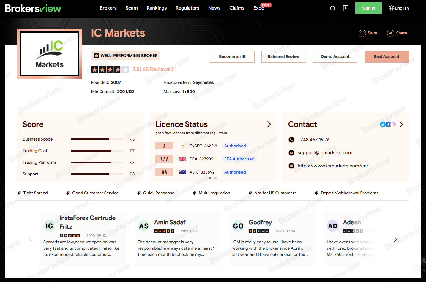 IC Markets' page on BrokersView