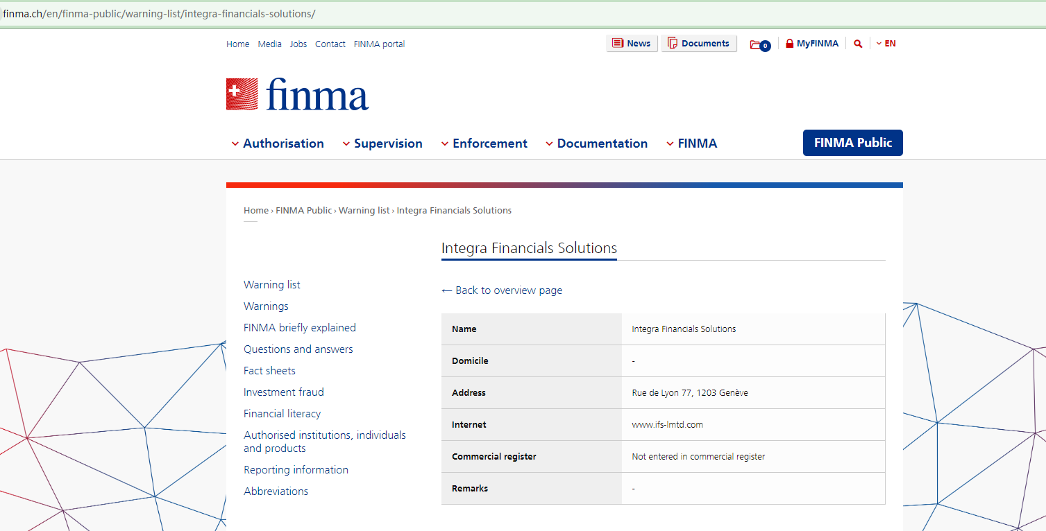 BrokersView records the FINMA warning against Integra Financial Solutions
