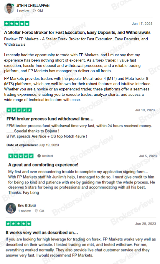 Positive reviews on FP Markets