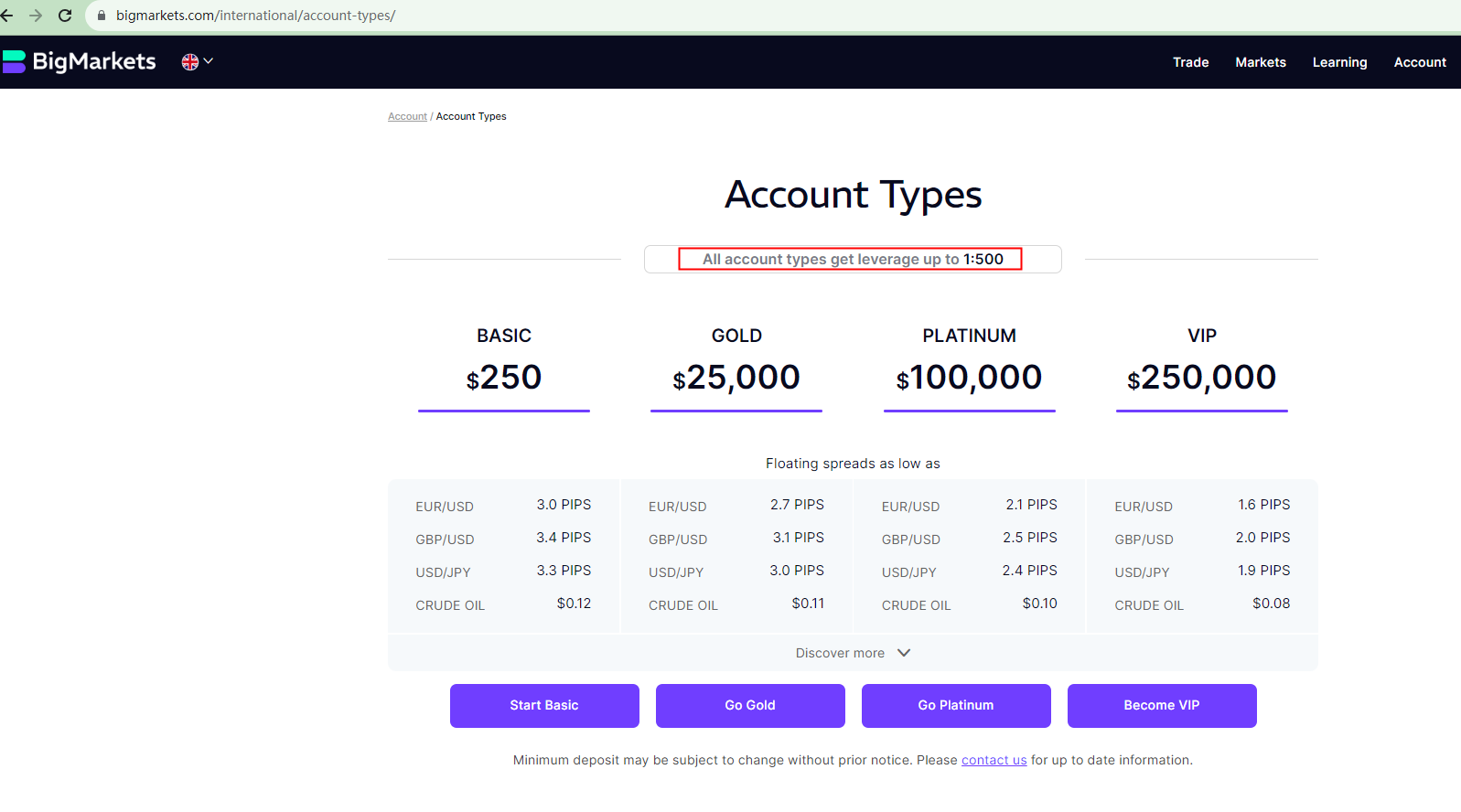 BrokersView: BigMarkets offers up to 1:500 leverage.