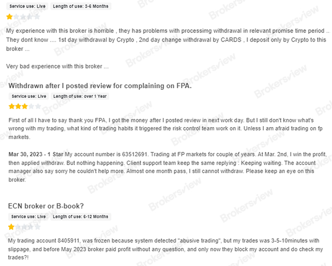 Negative reviews on FP Markets