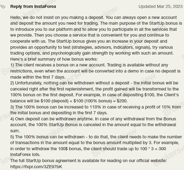 InstaForex responds to user questions about the bonus with detailed terms and conditions.