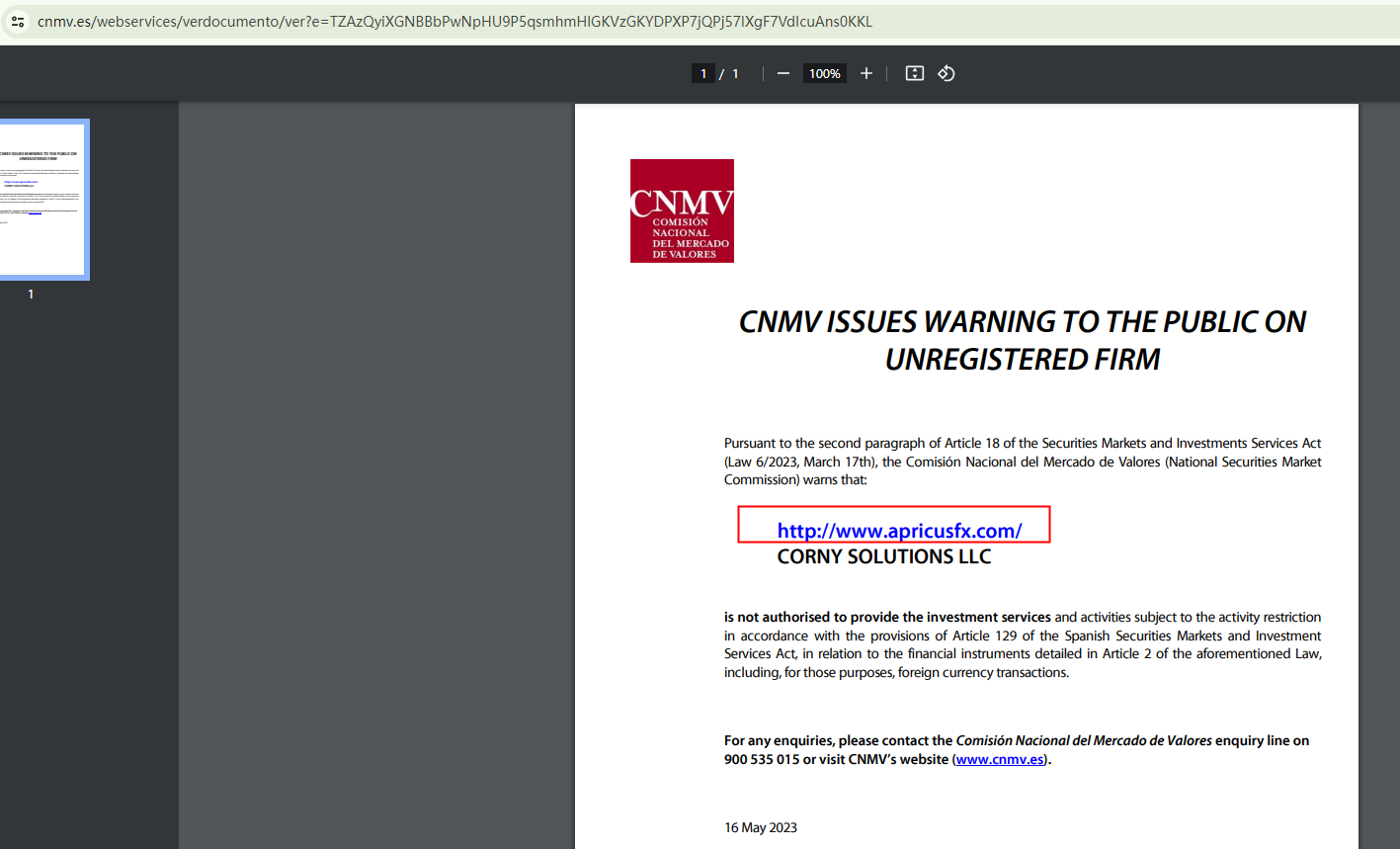 BrokersView: Corny Solutions LLC CNMV warning