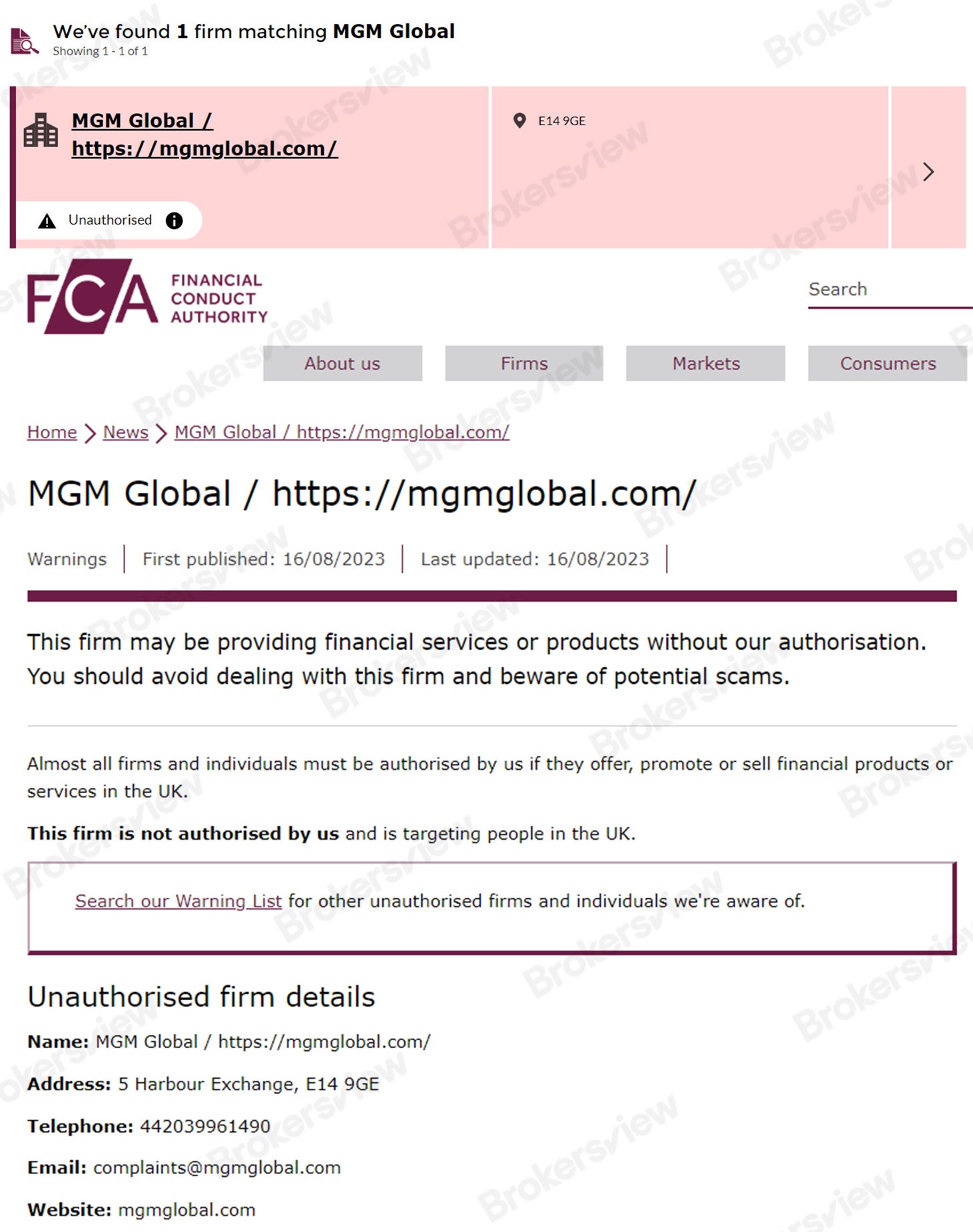 MGM Global不受FCA監管並被其列入警告名單。