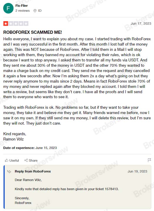 A user who stopped dealing with RoboForex received only a 30% refund.
