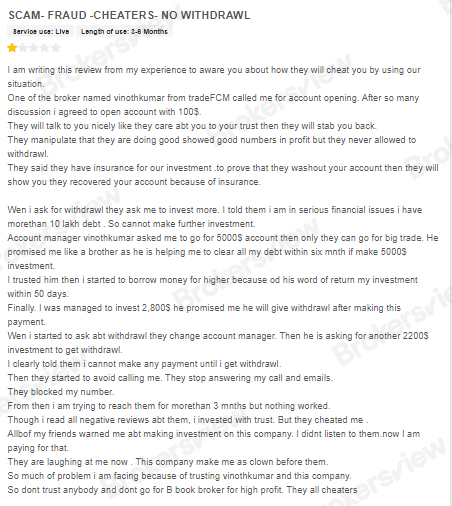 Traders were induced to trade by TradeFCM but encountered withdrawal issues.