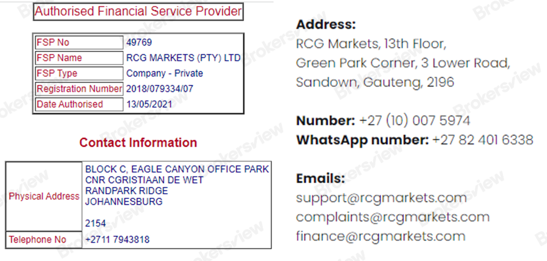 RCG Markets' FSCA regulatory details are partially inconsistent with those on its website
