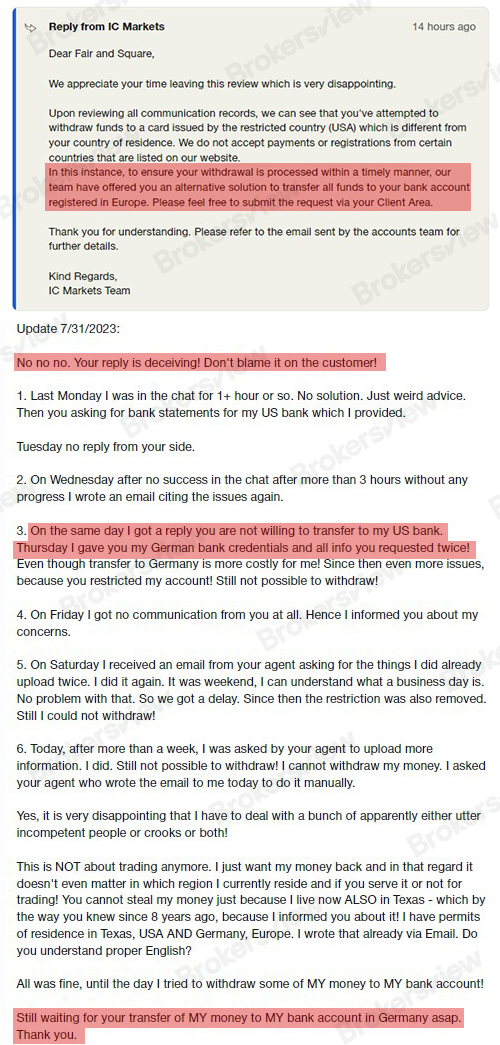 A negative review from a German/US client of IC Markets.