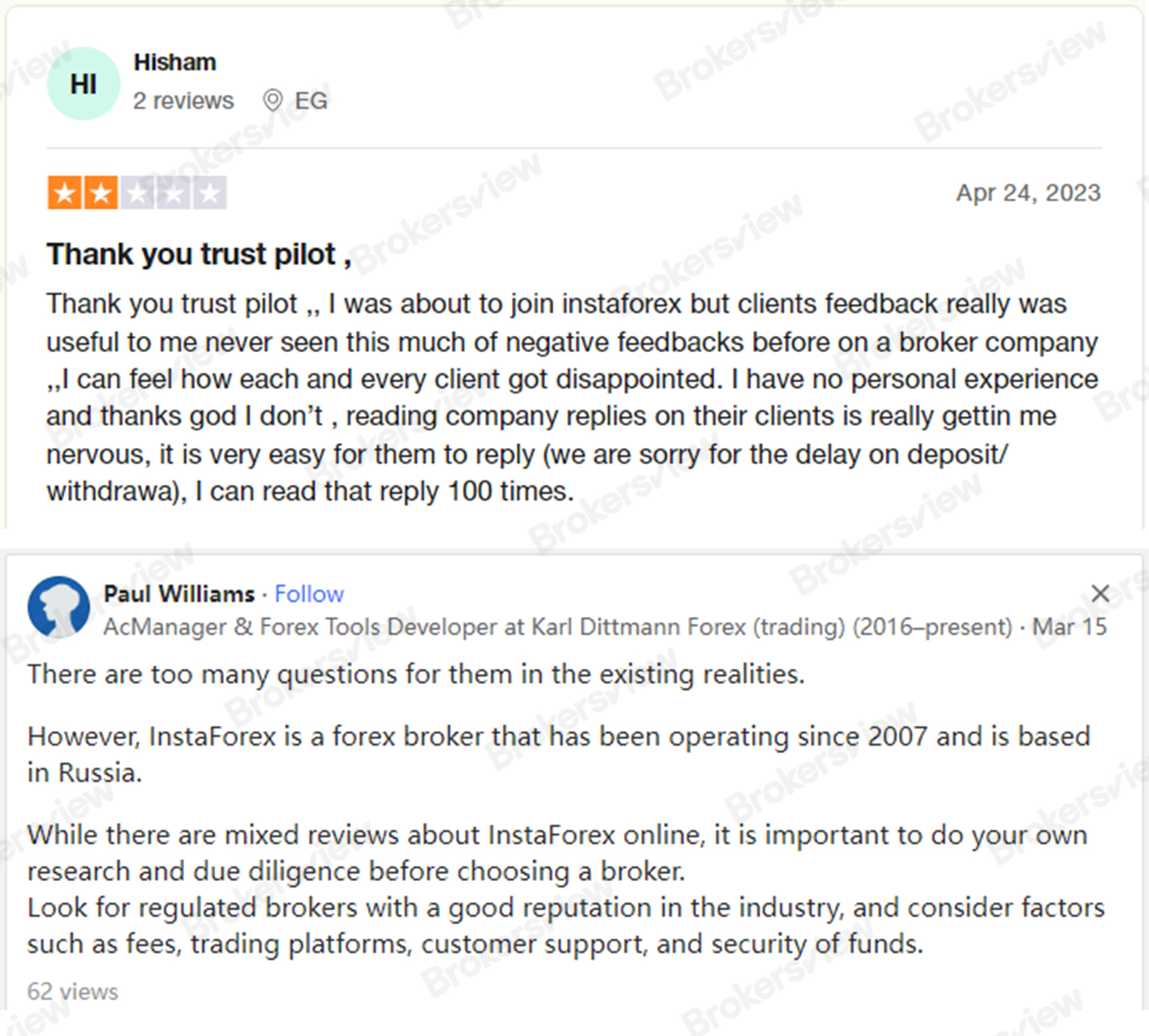 Users upset by bad  reviews from other InstaForex customers