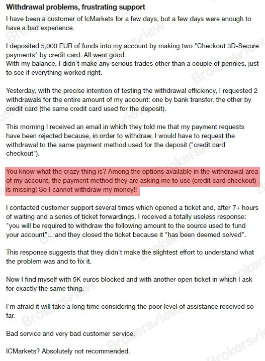 A negative review from an Italian client of IC Markets.