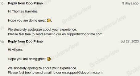 Doo Prime apologizes for poor user reviews.