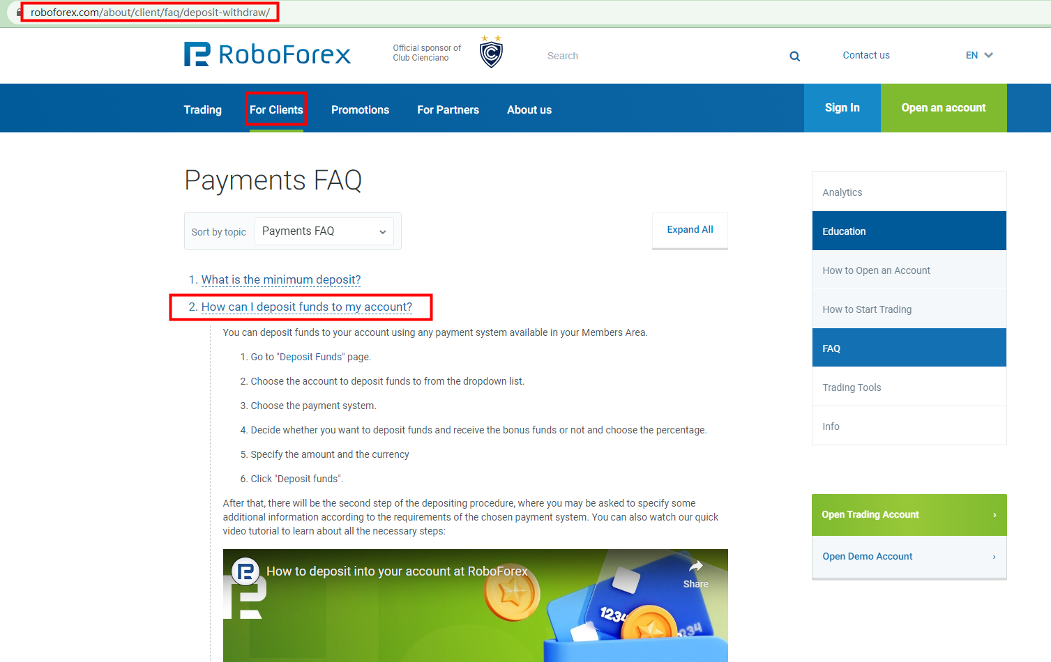 BrokersView's finding about how to deposit money to RoboForex