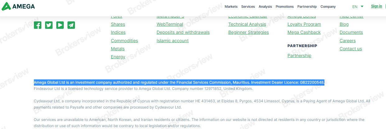 Amega misled investors by falsely claiming to be regulated by the Mauritius Financial Services Commission.