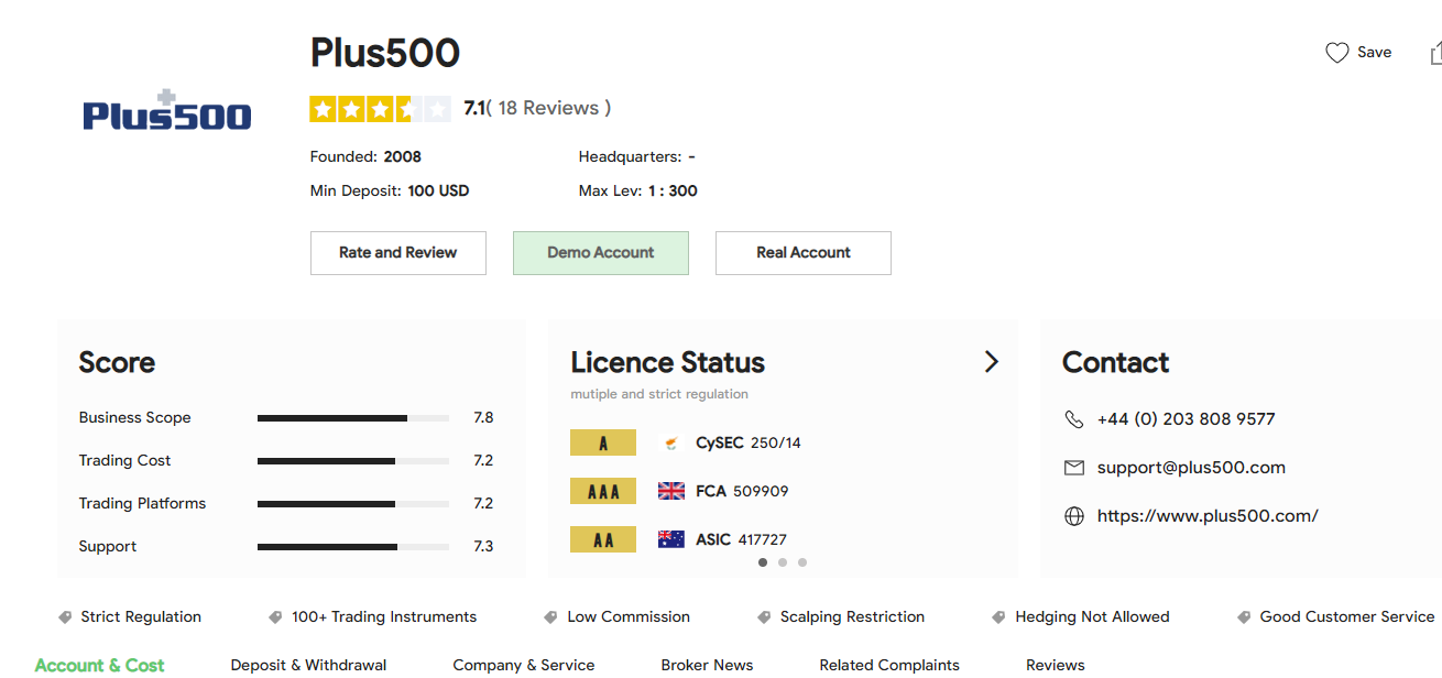 Screenshot of forex broker Plus500 at brokersview.com 7 April 2023.