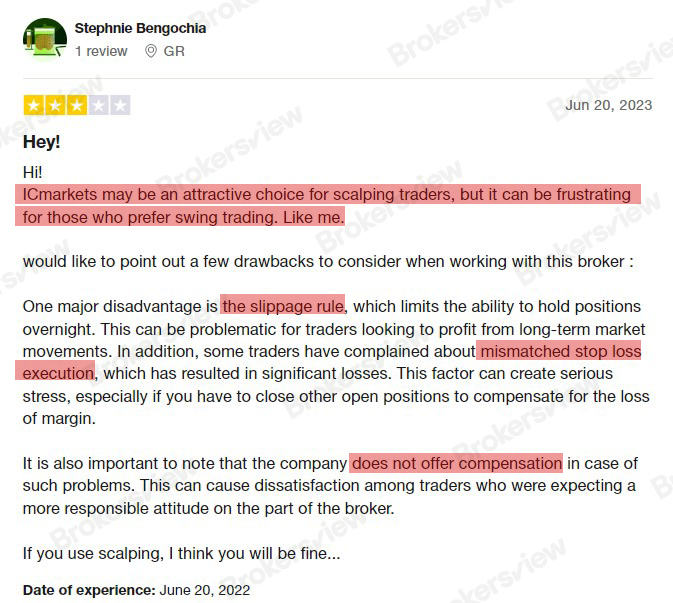 Client says IC Markets is good for scalpers but not to swing traders.