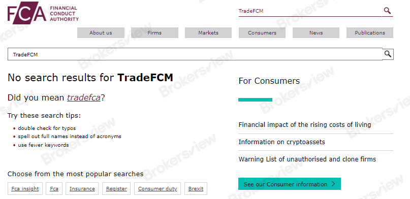 We didn't find information on TradeFCM's authorization at the FCA.