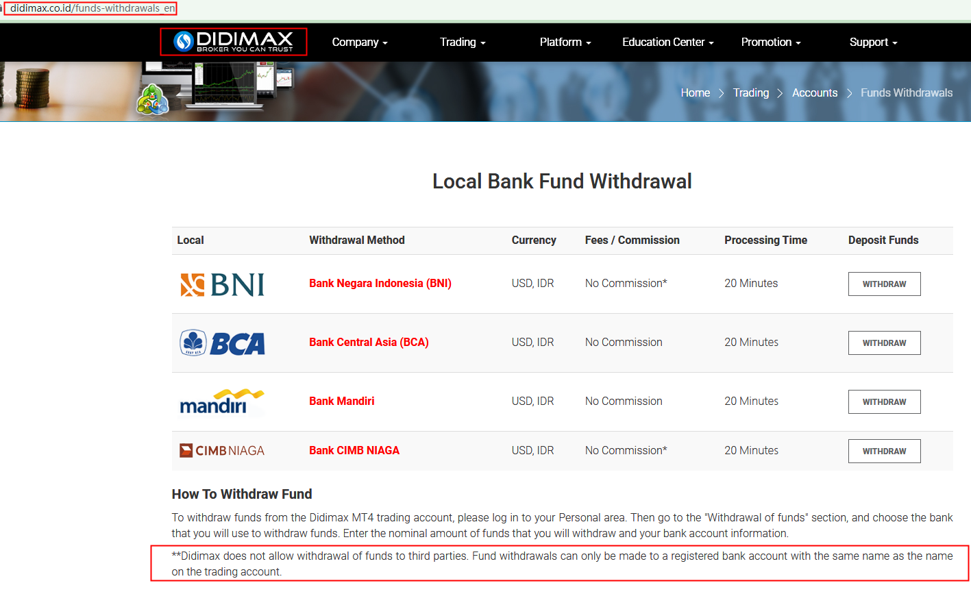 BrokersView: DIDIMAX only allows to withdraw with bank accounts