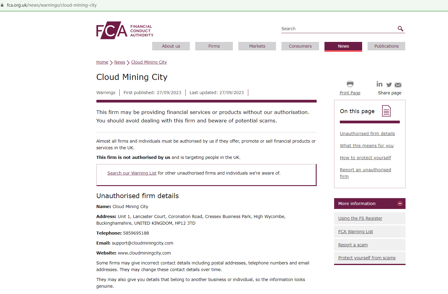 BrokersView: the FCA has issued a warning against Cloud Mining City, saying it is an unauthorized firm. 