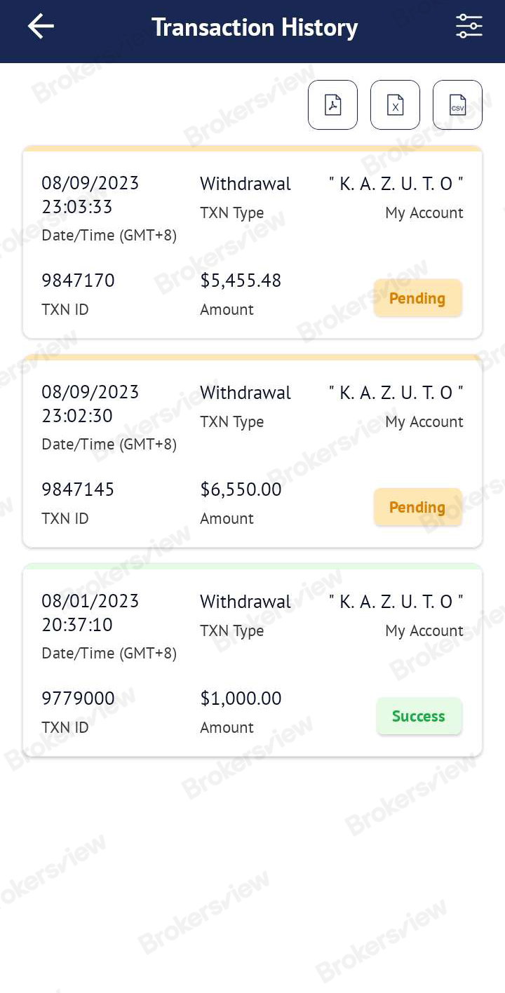 Transaction history offered by AximTrade's client