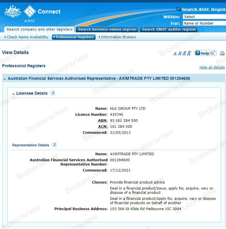 AximTrade's information in ASIC