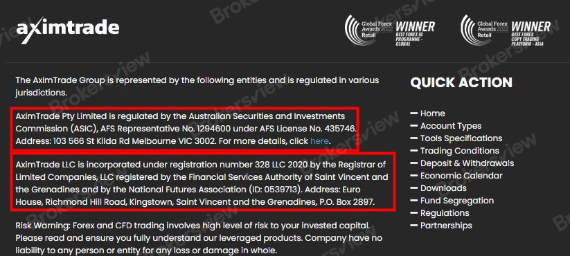 AximTrade claims to be regulated