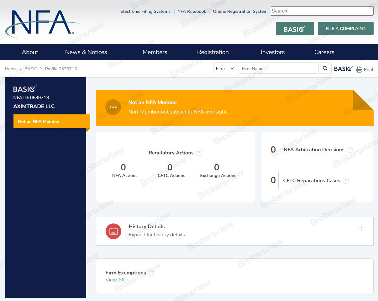 AximTrade's information in NFA