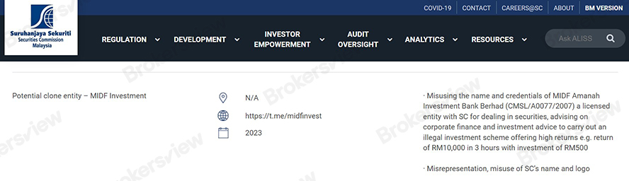 MIDF Investment warned by SC Malaysia.