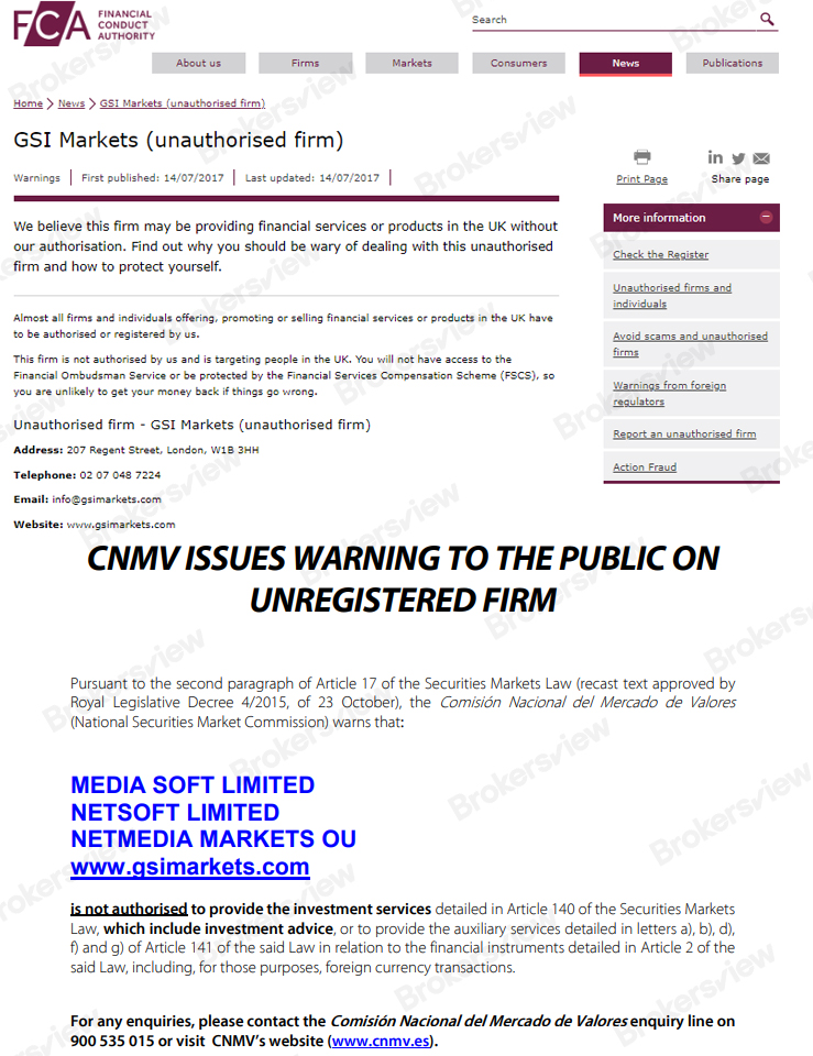 Regulatory warnings against GSI Markets.