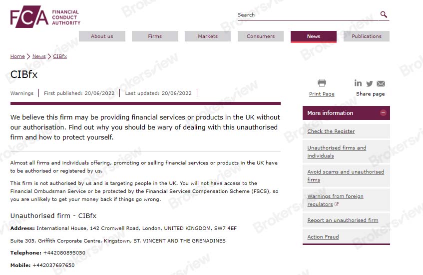 FCA's warning against CIBfx