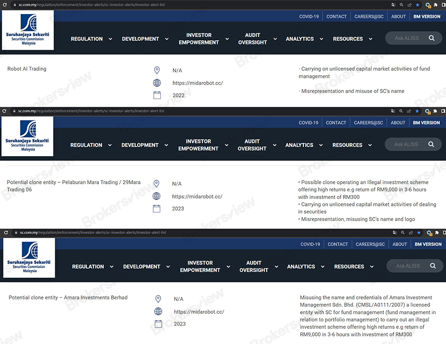 Warnings issued by SC Malaysia.