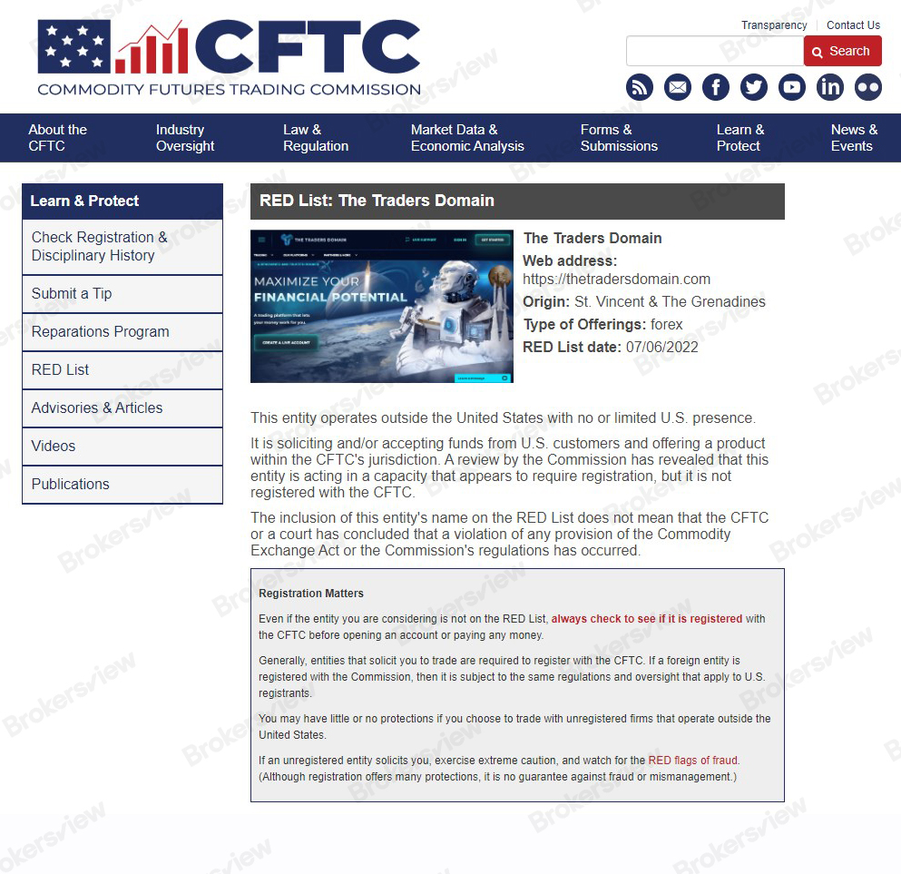 CFTC warns The Traders Domain