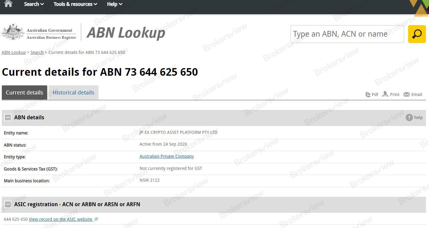 ABN searching result.