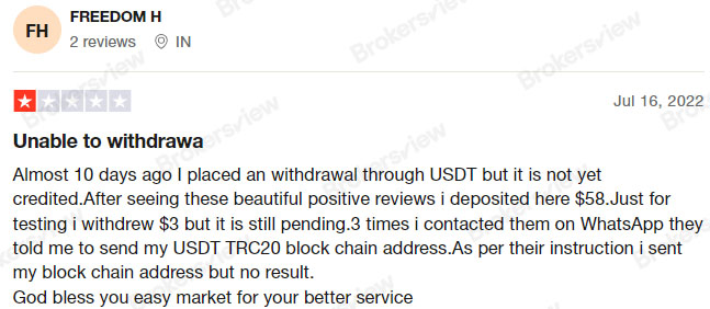 One easyMarkets user reported not receiving USDT withdrawals