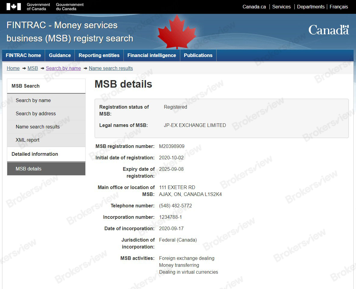Canada FINTRAC searching result.