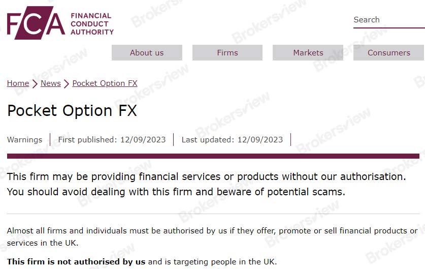 FCA对Pocket Option FX的警告