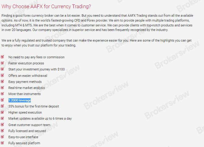 AAFX Trading claims to offer high leverage.
