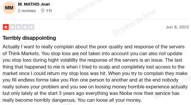 A ThinkMarkets user is disappointed with the performance of the broker's server