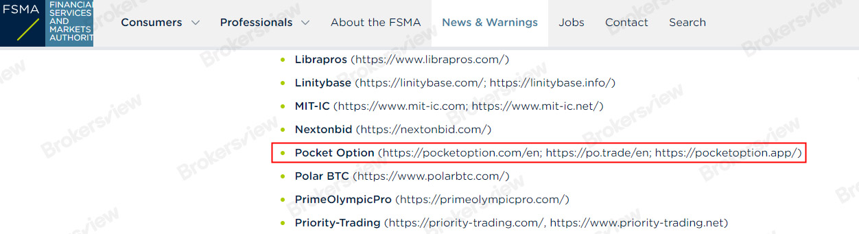 Pocket Option被FSMA警告