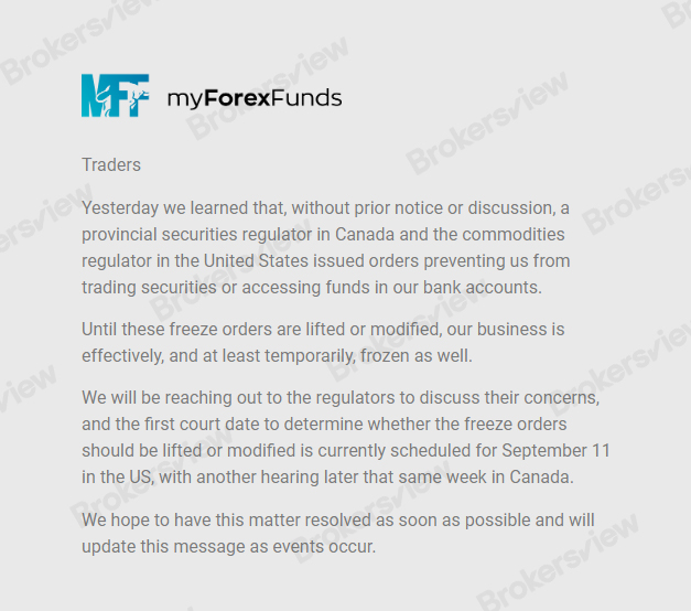 Notice published by MyForexFunds.
