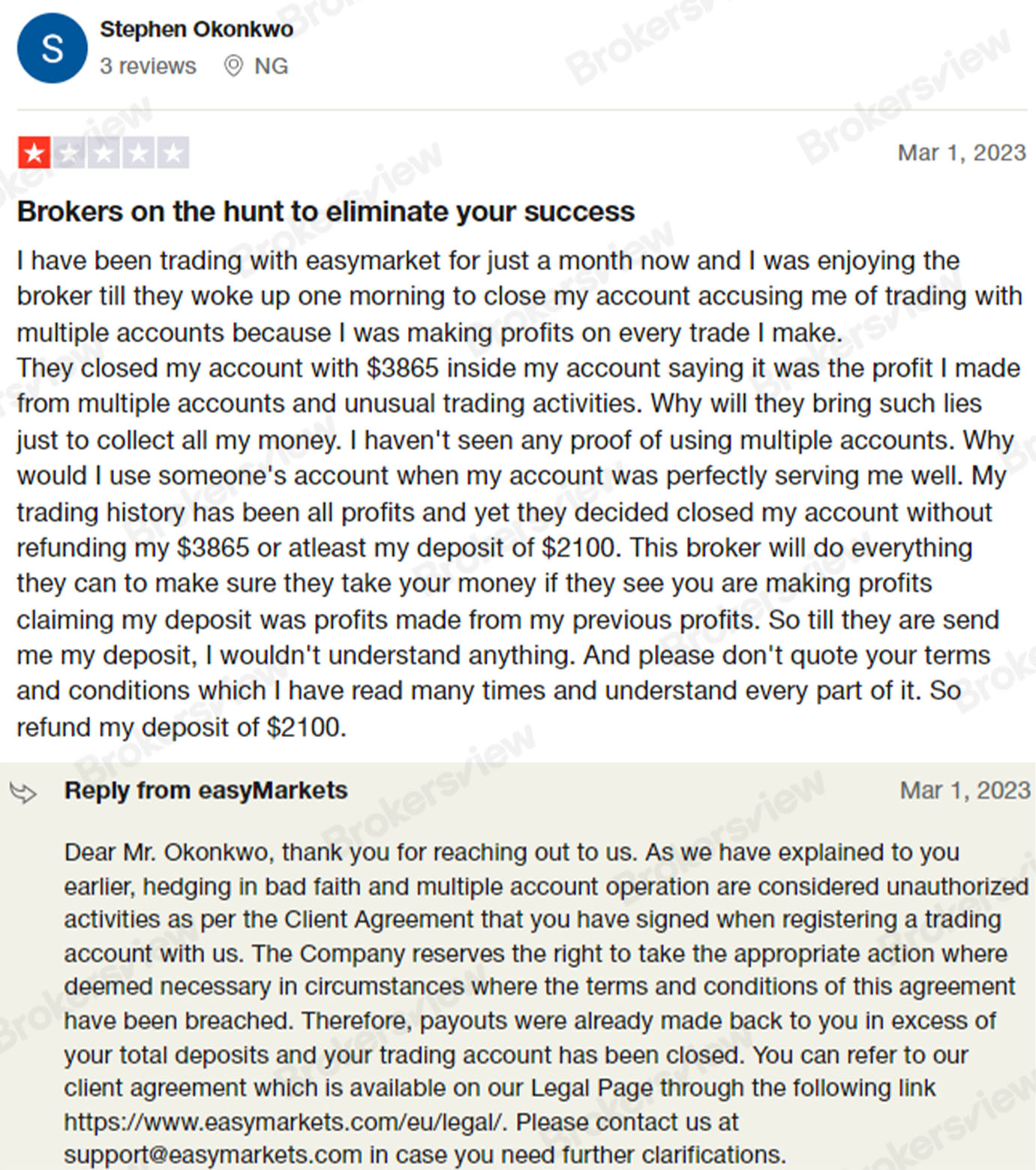 A user has been accused of unauthorized trading activity by easyMarkets