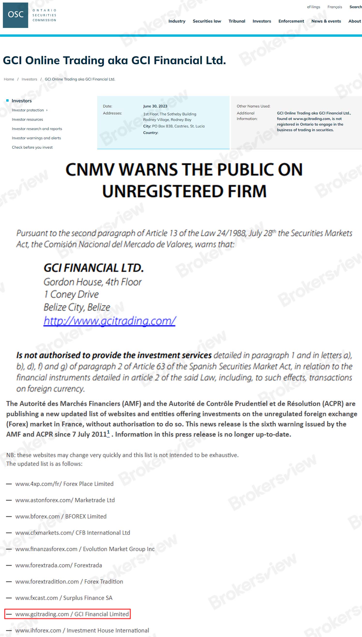CNMV, AMF, and OSC's warnings against GCI