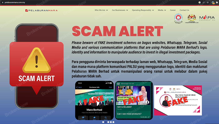 Scam alert on Pelaburan MARA Berhad's website.