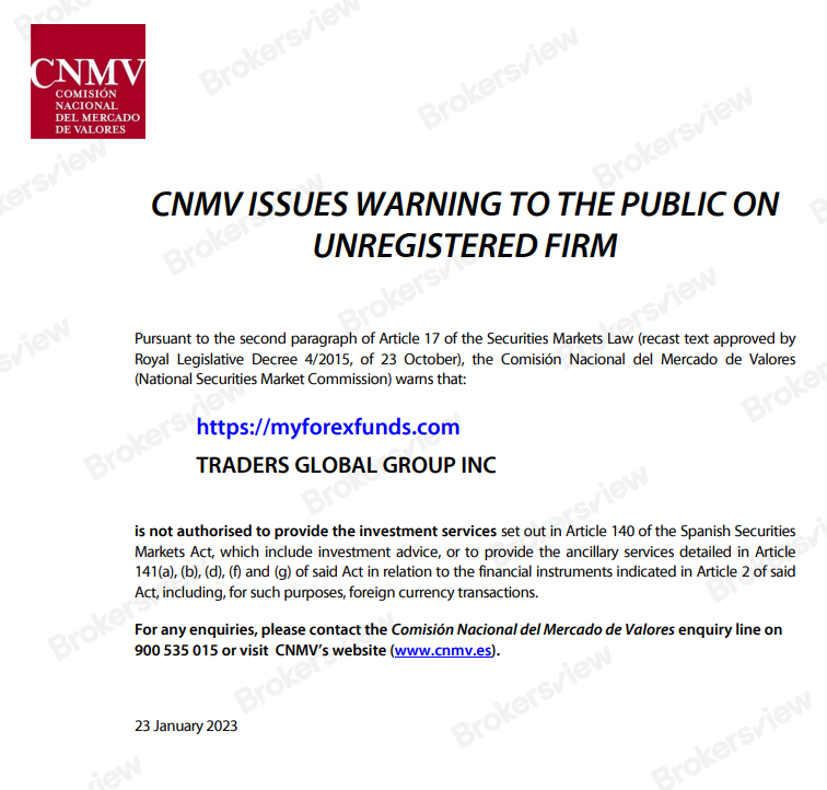 CNMV warning MyForexFunds.