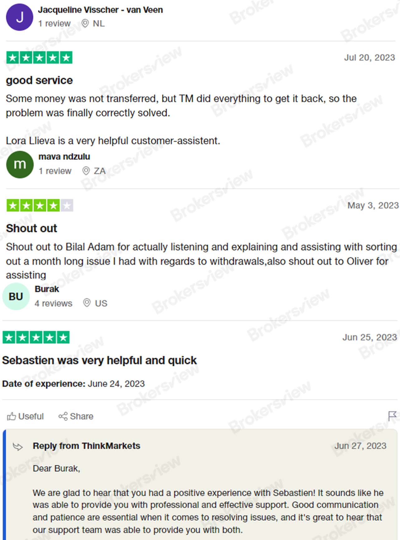 Several users praised ThinkMarkets' customer service staff by name