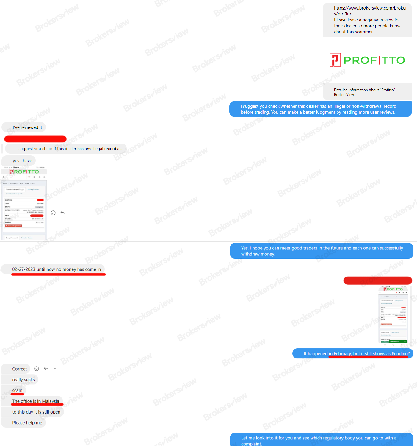 Profitto client told BrokersView about his inability to withdraw